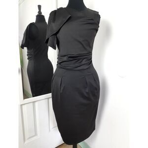 iHot Solid Black Jersey Draped Flutter Shoulder Pencil Sheath Midi Dress Med